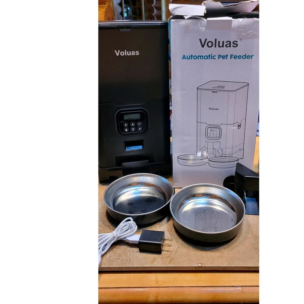 Voluas Automatic Pet Feeder 6.0L Black Dual Bowl Timed Feeding Voice Recorder